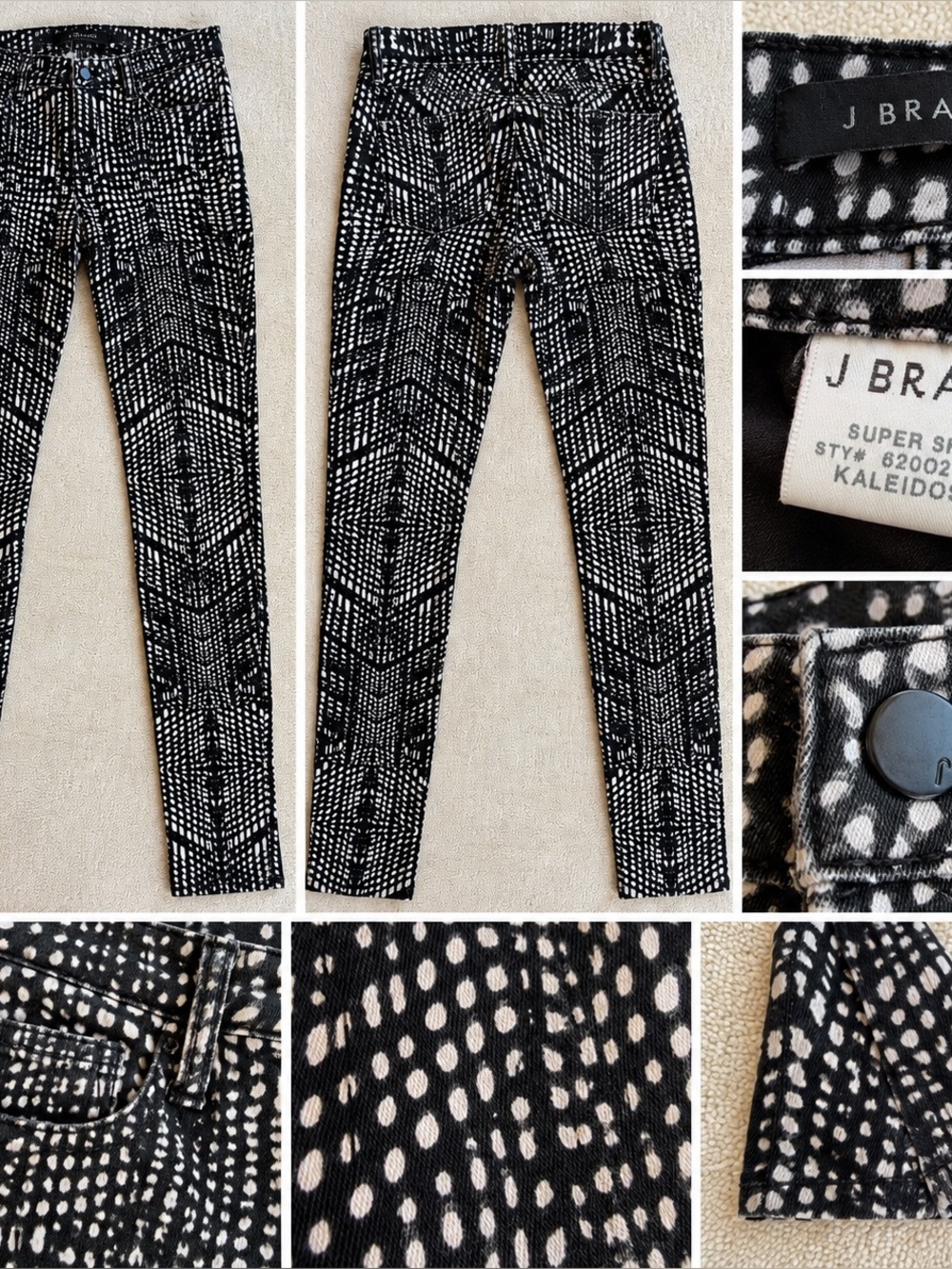 J Brand 620 Kaleidoscope Super Skinny Jeans Women 26 Black White Mid-Rise